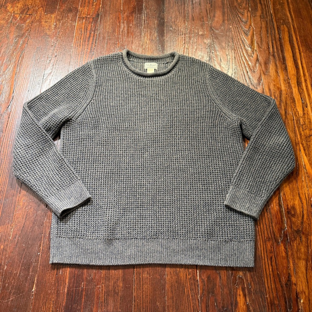 LL Bean Mens L Gray Waffle Knit Sweater Organic Cotton Crewneck 509337